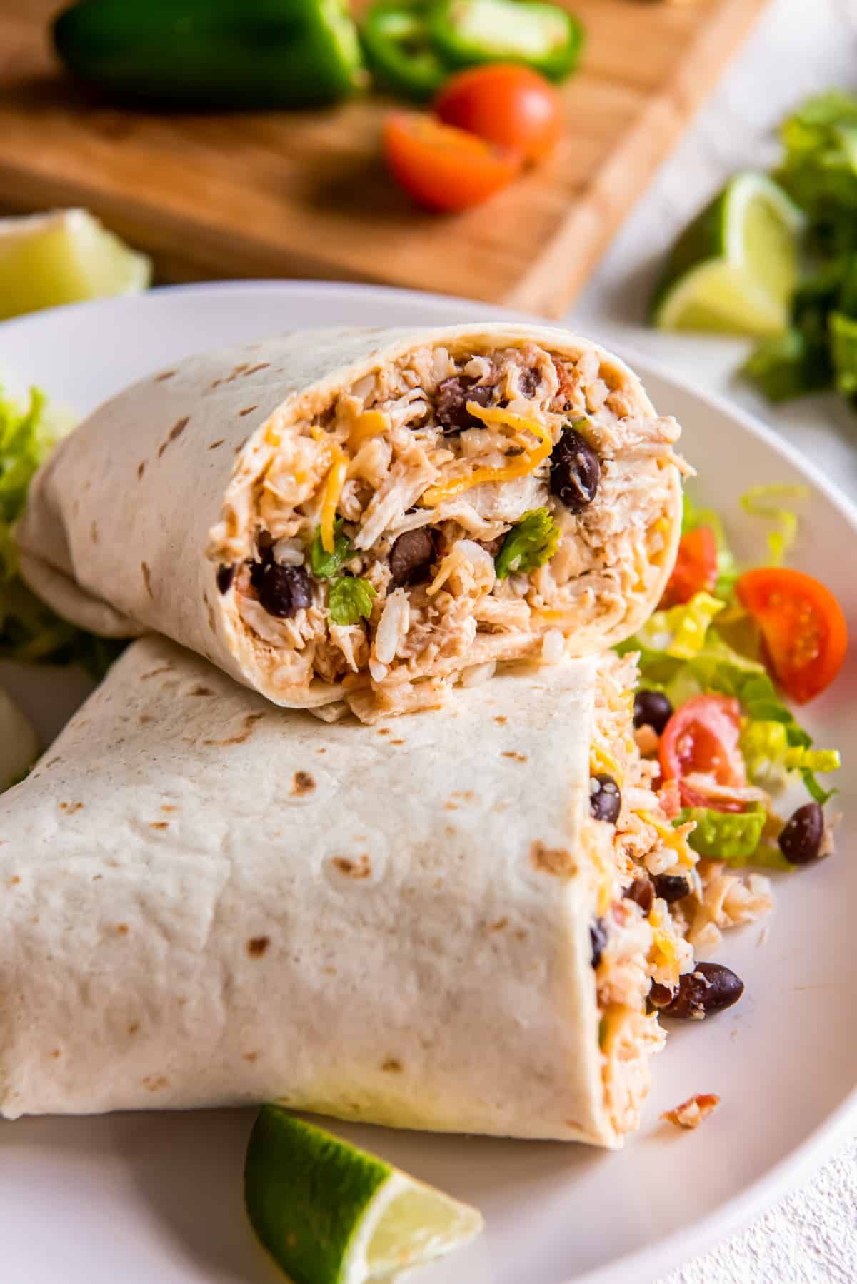 Chicken burritos sliced open