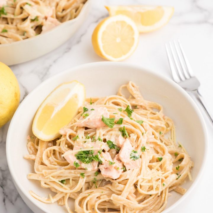 Salmon pasta with pine nuts and basil